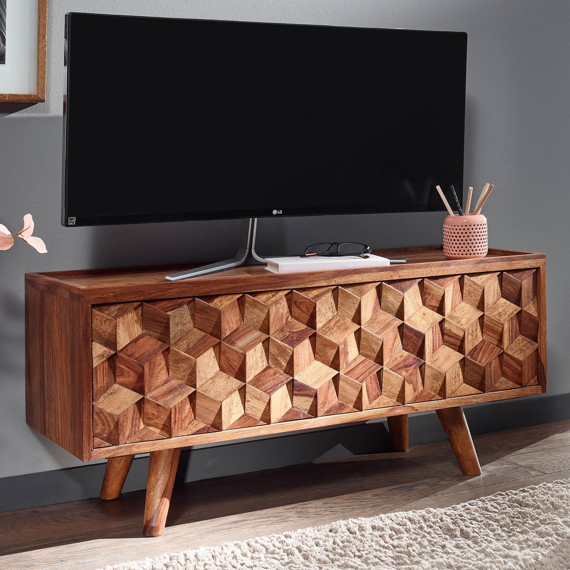 Lowboard in legno massiccio di Sheesham marrone 92x44x35 cm | Mobile TV moderno con anta a ribalta