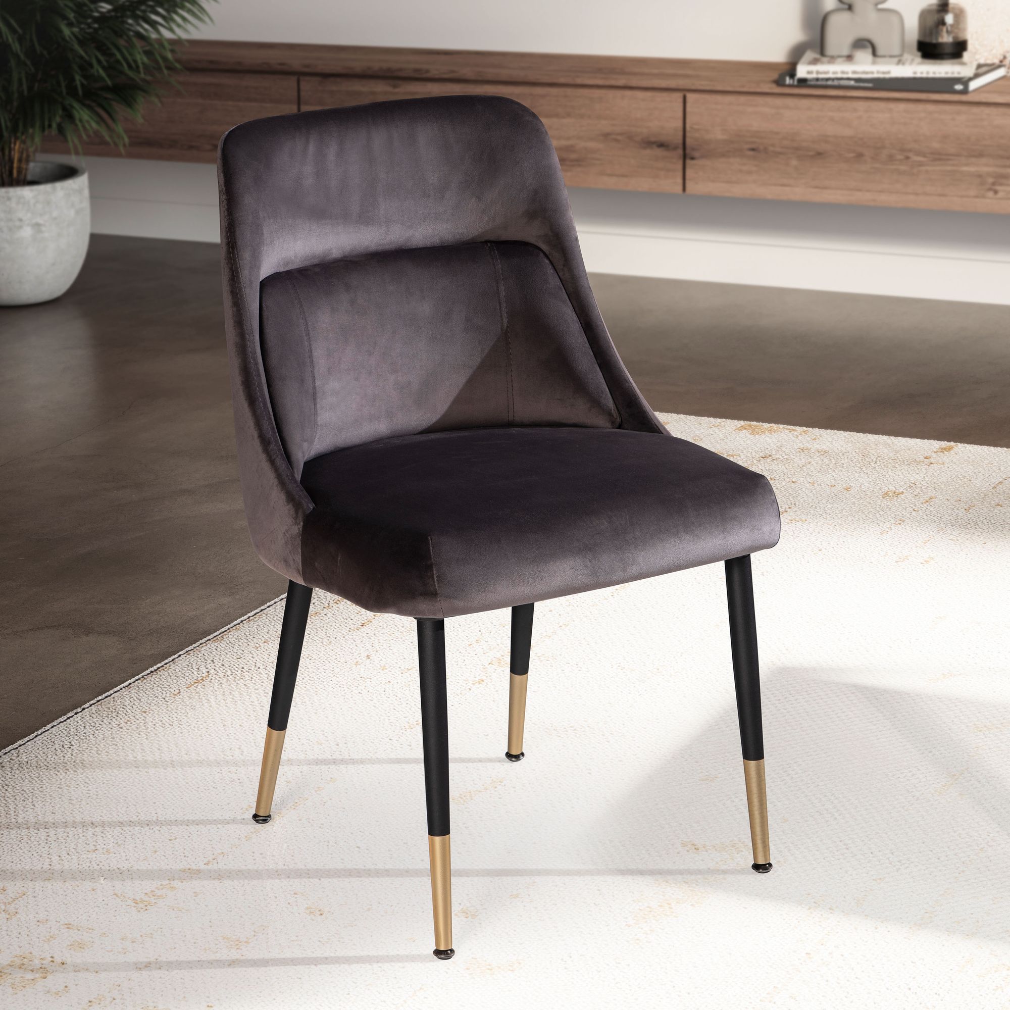 Sedia da pranzo in velluto grigio con gambe nere | 49x56x85 cm | Poltrona moderna imbottita