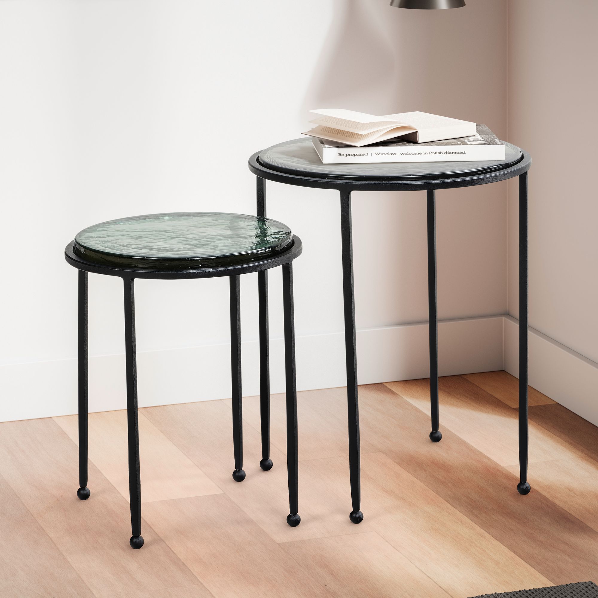 Set 2 Tavolini in vetro e metallo | Verde e Nero | Dimensioni multiple
