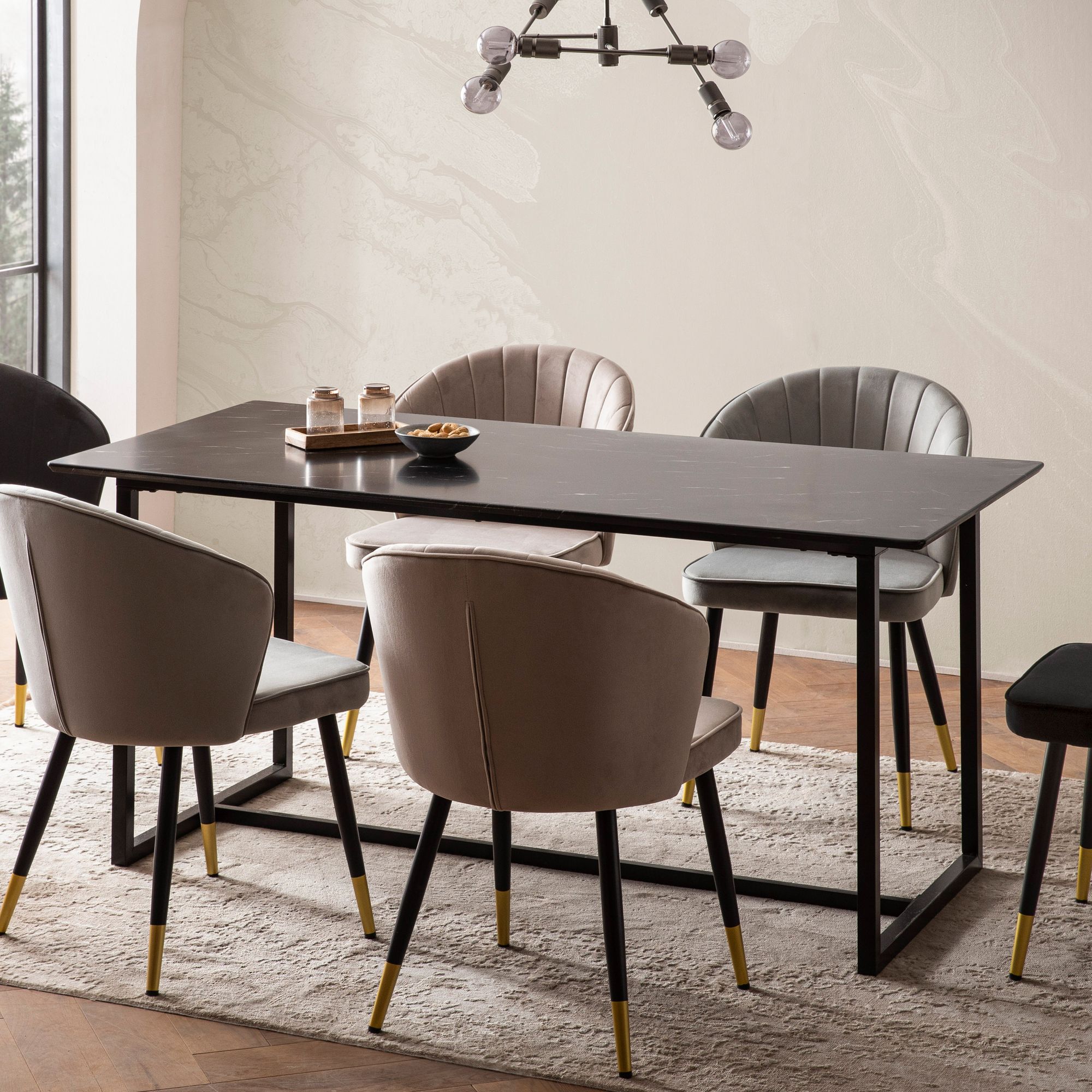 Tavolo da pranzo 120x60x76 cm | Piano nero effetto marmo | Struttura metallica nera