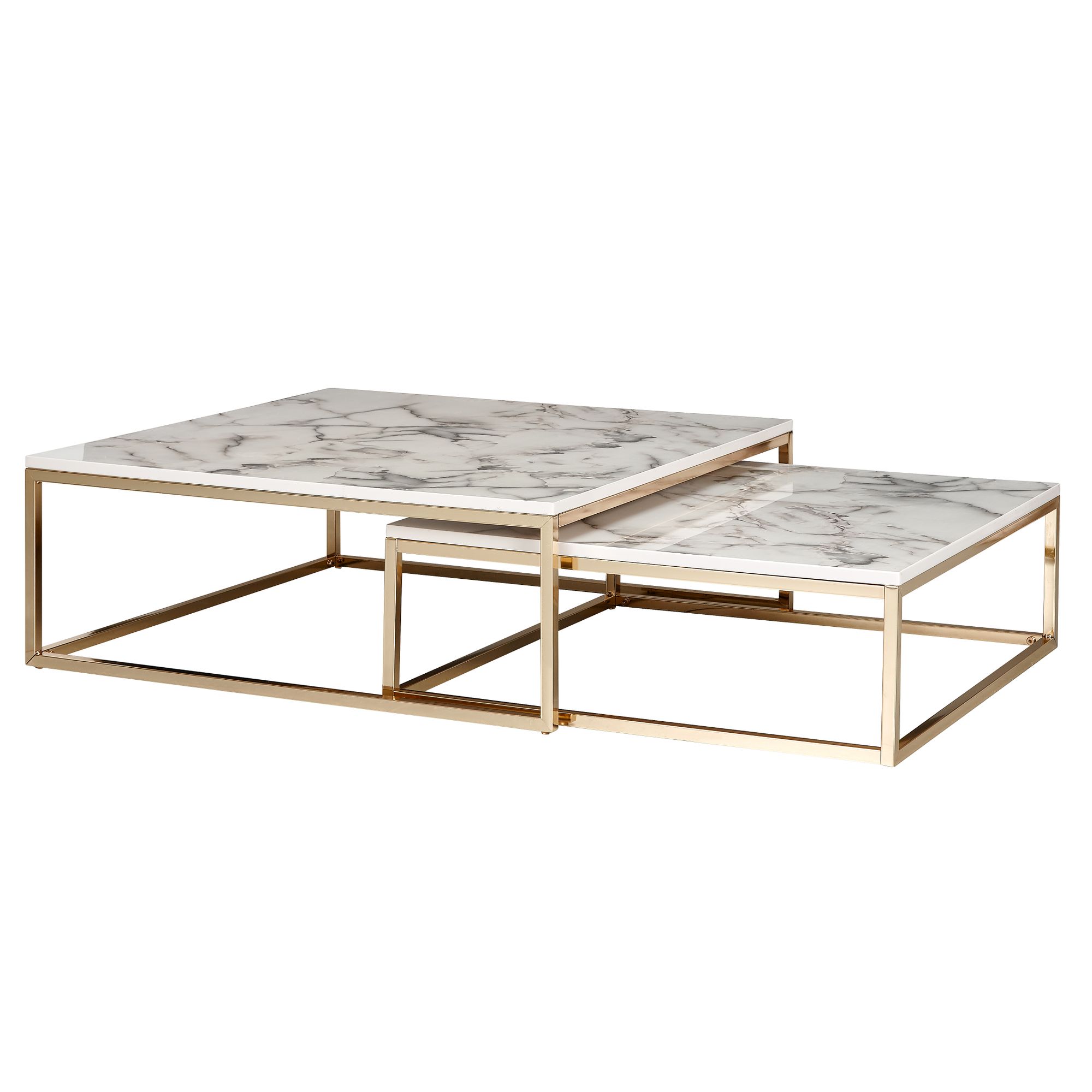 Set 2 Tavolini da Salotto Bianco Effetto Marmo | Struttura in Metallo Oro | Dimensioni 75x27x75 cm e 65x22x65 cm