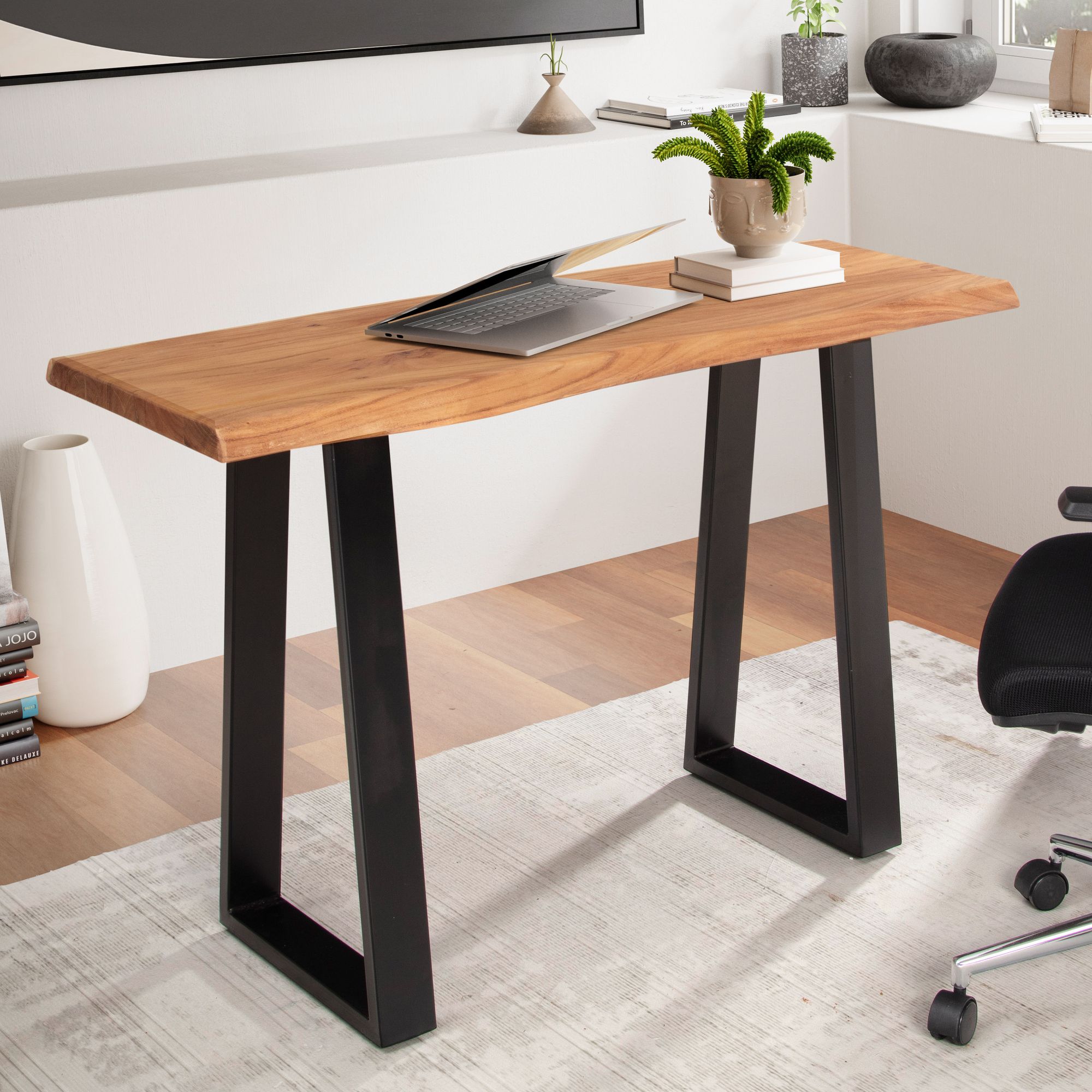 Scrivania in legno massello di acacia con gambe in metallo | Legno naturale & nero | 118x41x76,5 cm