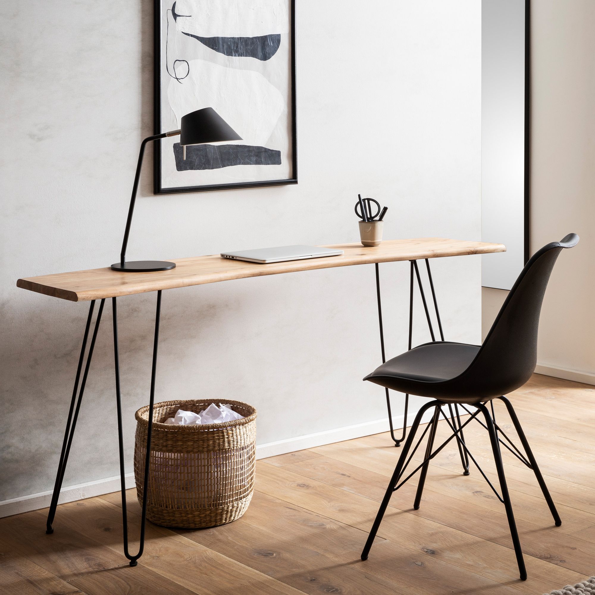 Scrivania in legno massello di acacia e metallo | Colore legno dorato chiaro e gambe nere | 150x36x75 cm